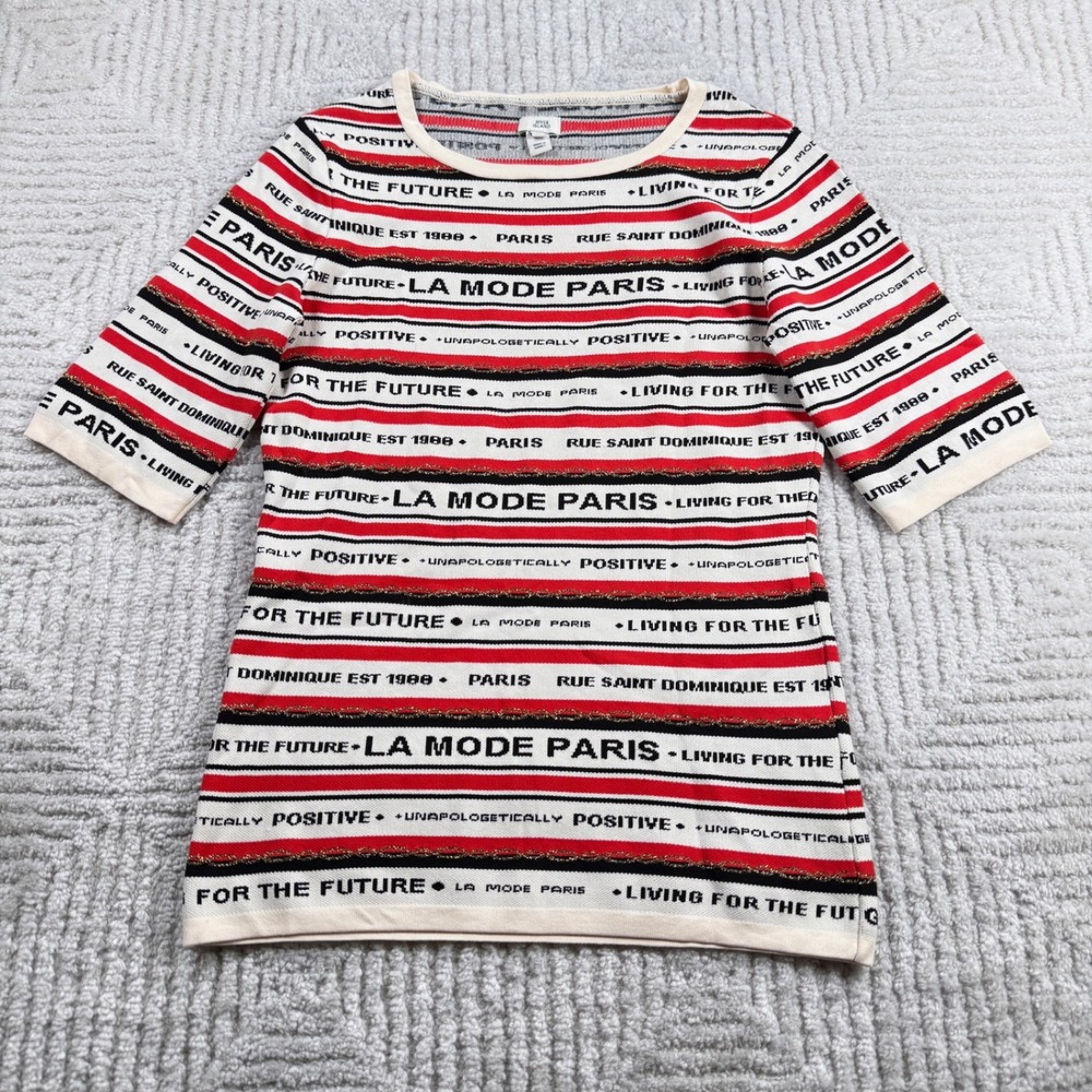 River Island Graphic Knit Top Women's 6 Red White La Mode Paris Slogan Metallic